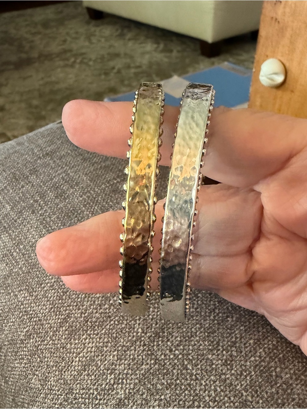 2 Simon Sebbag Hammered Sterling Silver Bangles. 1 is Silver and 1 is Gold.
